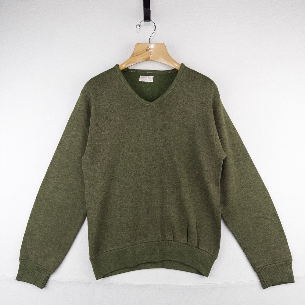 60's Vtg Creslan & Rayon V-Neck Sweater Men's M Grunge Kurt Cobain Olive